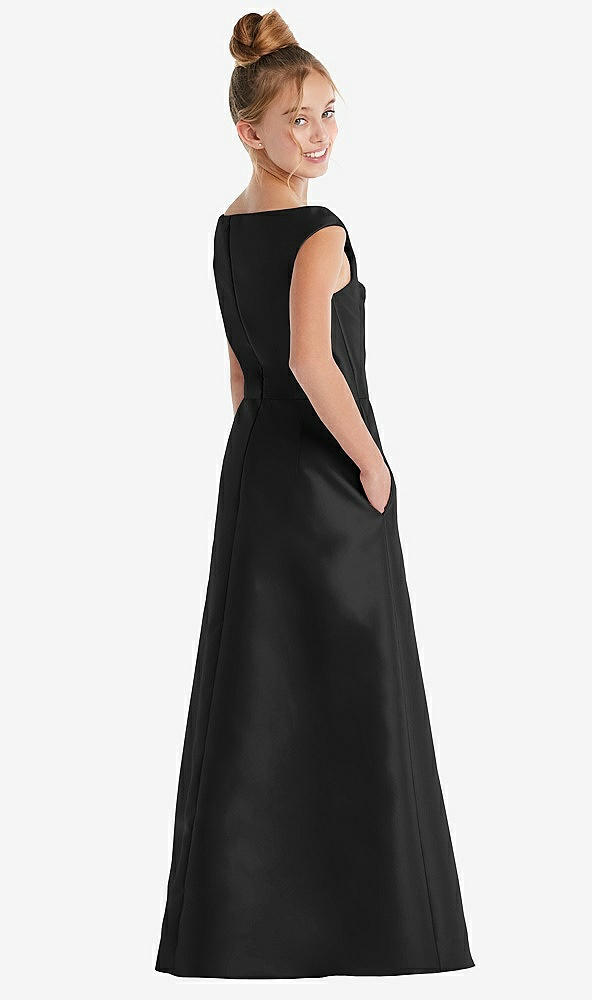 Back View - Black Off-the-Shoulder Draped Wrap Satin Junior Bridesmaid Dress