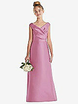 Front View Thumbnail - Powder Pink Off-the-Shoulder Draped Wrap Satin Junior Bridesmaid Dress
