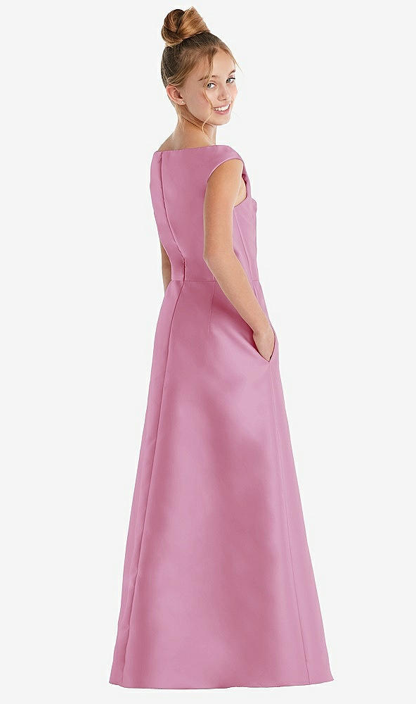 Back View - Powder Pink Off-the-Shoulder Draped Wrap Satin Junior Bridesmaid Dress