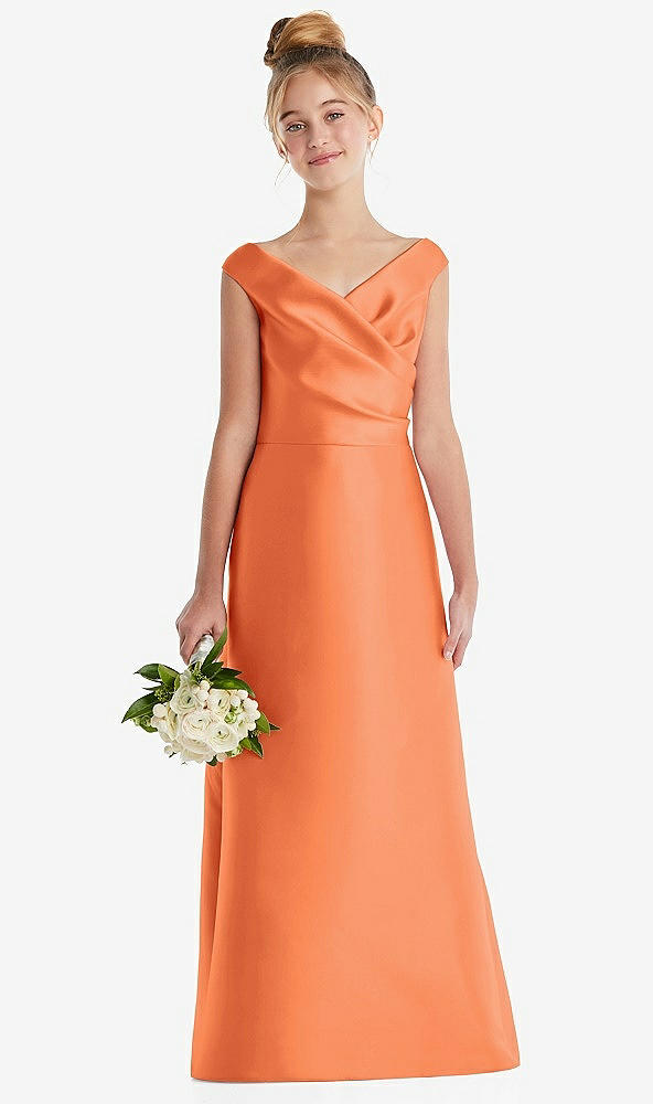 Front View - Portofino Orange Off-the-Shoulder Draped Wrap Satin Junior Bridesmaid Dress
