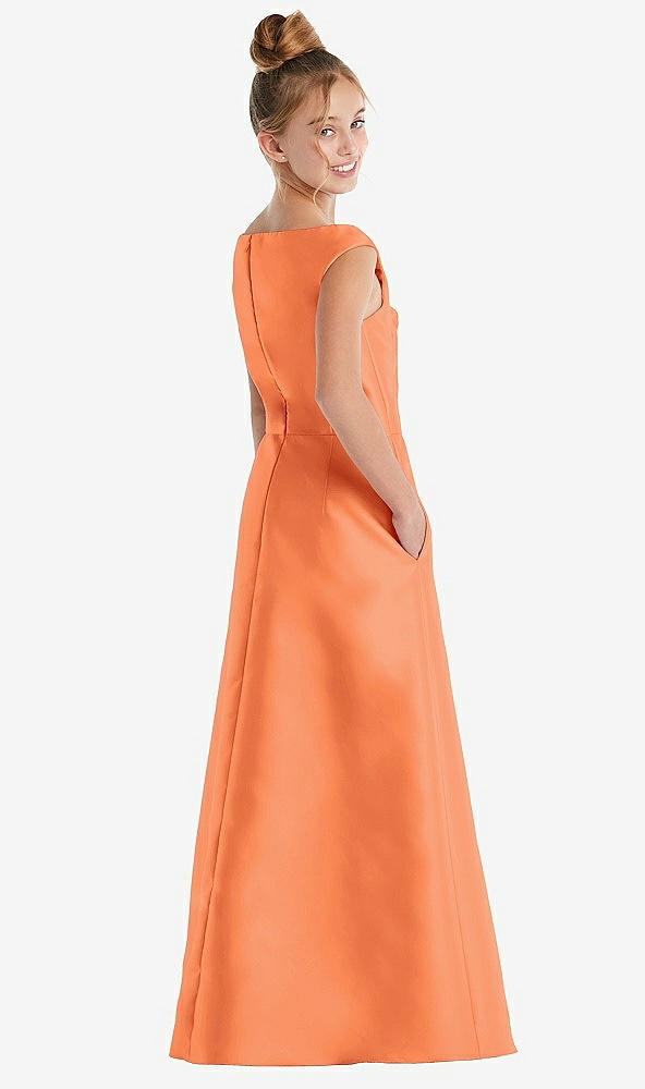 Back View - Portofino Orange Off-the-Shoulder Draped Wrap Satin Junior Bridesmaid Dress