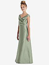 Side View Thumbnail - Sage Off-the-Shoulder Draped Wrap Satin Junior Bridesmaid Dress