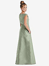 Rear View Thumbnail - Sage Off-the-Shoulder Draped Wrap Satin Junior Bridesmaid Dress