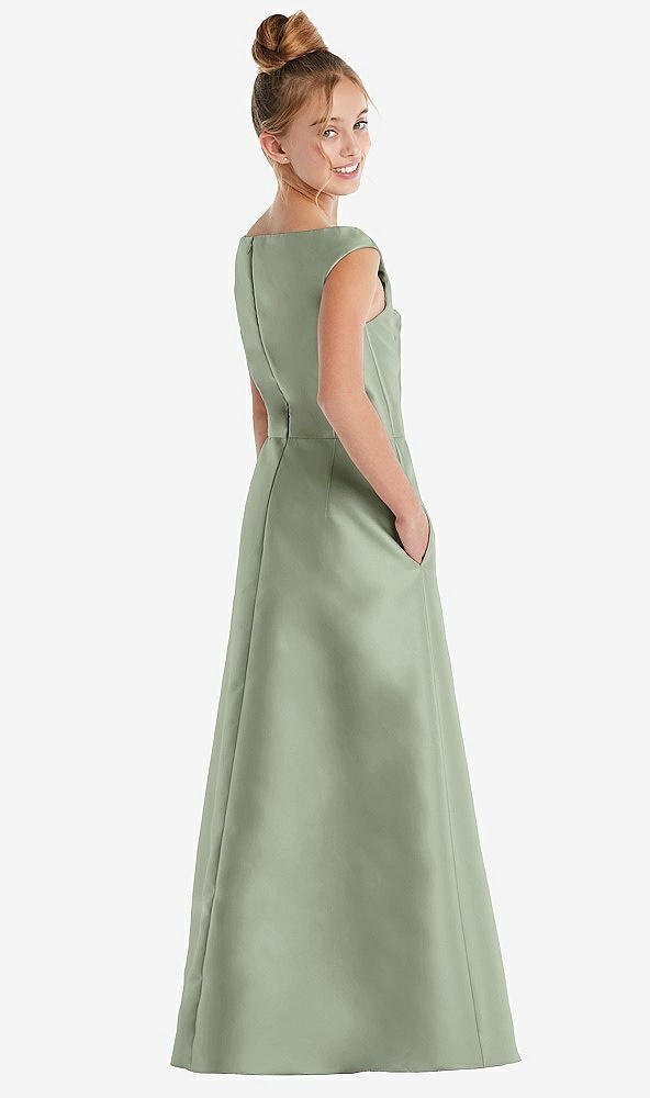 Back View - Sage Off-the-Shoulder Draped Wrap Satin Junior Bridesmaid Dress