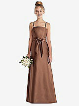 Front View Thumbnail - Cognac Spaghetti Strap Satin Junior Bridesmaid Dress with Mini Sash
