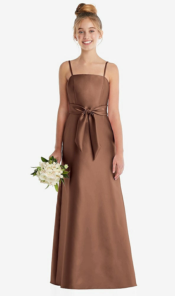 Front View - Cognac Spaghetti Strap Satin Junior Bridesmaid Dress with Mini Sash