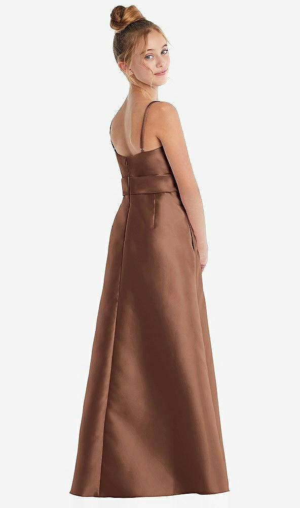 Back View - Cognac Spaghetti Strap Satin Junior Bridesmaid Dress with Mini Sash