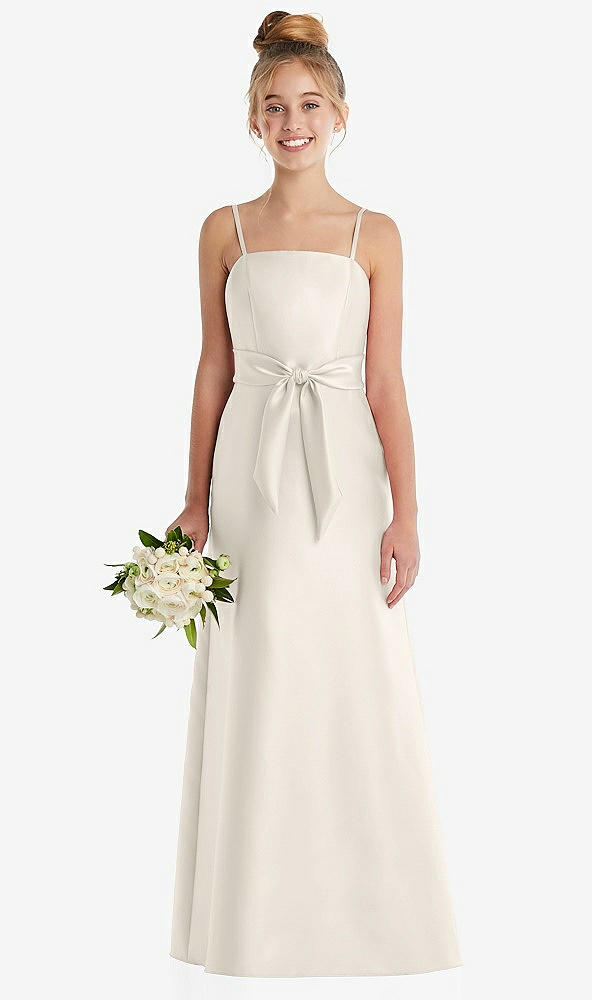 Front View - Ivory Spaghetti Strap Satin Junior Bridesmaid Dress with Mini Sash