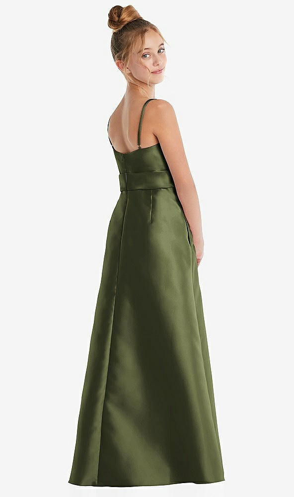 Back View - Olive Green Spaghetti Strap Satin Junior Bridesmaid Dress with Mini Sash