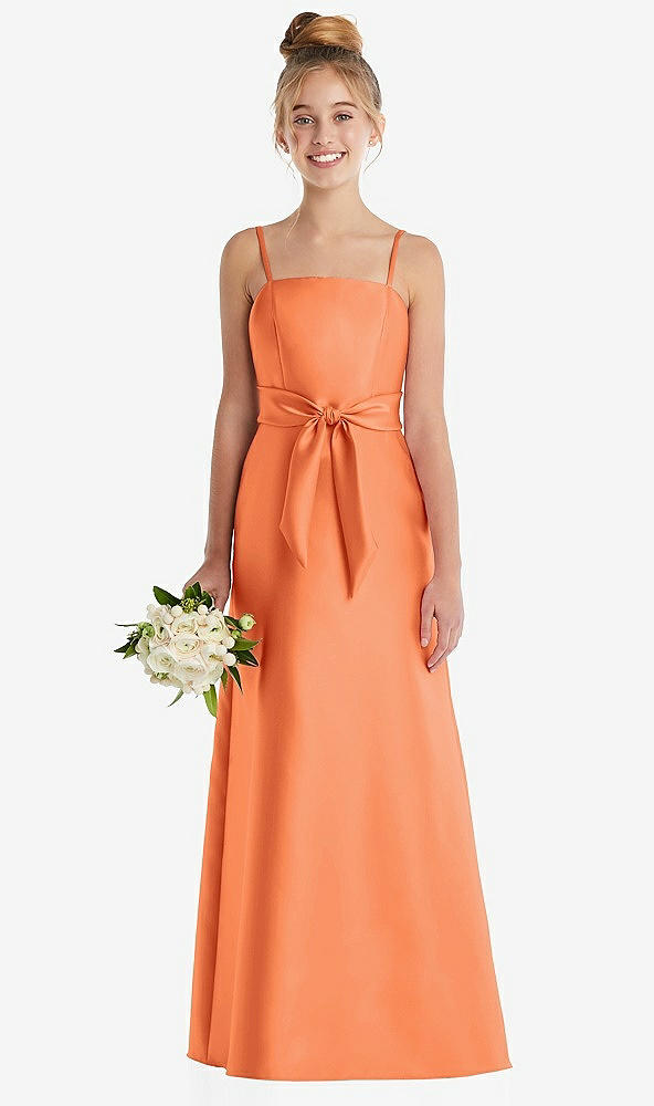 Front View - Portofino Orange Spaghetti Strap Satin Junior Bridesmaid Dress with Mini Sash