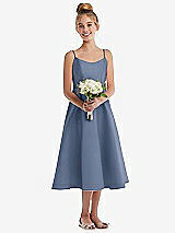 Front View Thumbnail - Larkspur Blue Adjustable Spaghetti Strap Satin Midi Junior Bridesmaid Dress