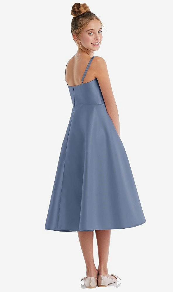 Back View - Larkspur Blue Adjustable Spaghetti Strap Satin Midi Junior Bridesmaid Dress