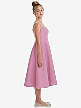 Side View Thumbnail - Powder Pink Adjustable Spaghetti Strap Satin Midi Junior Bridesmaid Dress