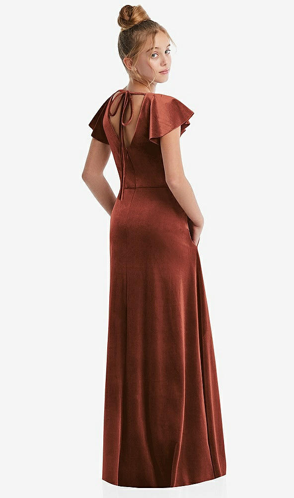 Back View - Auburn Moon Flutter Sleeve Tie Back Velvet Junior Bridesmaid Dress