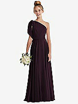 Front View Thumbnail - Deep Plum One-Shoulder Scarf Bow Chiffon Junior Bridesmaid Dress