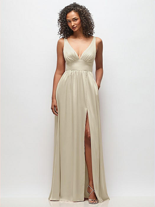 Deep V-Neck Shirred Skirt Maxi Dress with Convertible Straps