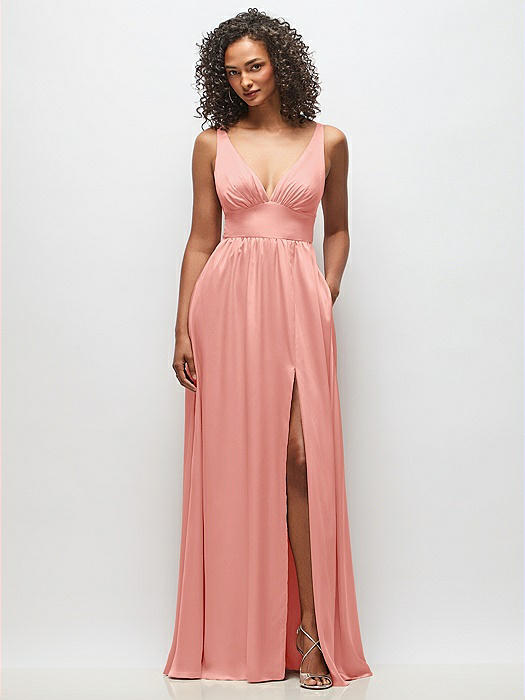 Deep V-Neck Shirred Skirt Maxi Dress with Convertible Straps