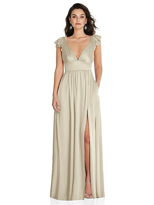 Deep V-Neck Ruffle Cap Sleeve Maxi Dress with Convertible Straps