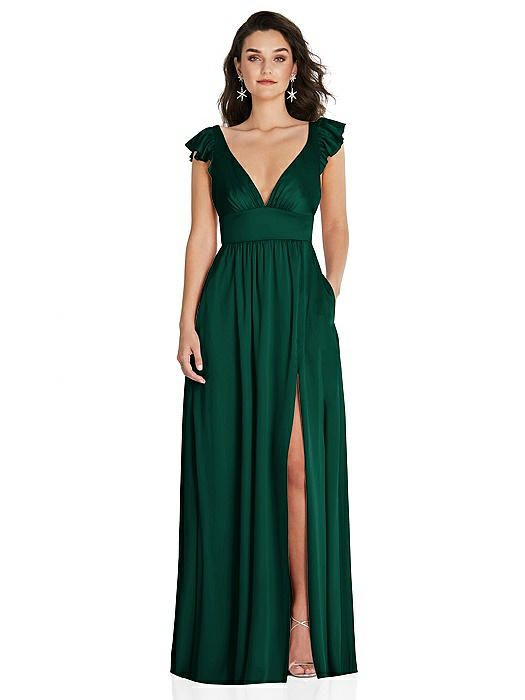 Deep V-Neck Ruffle Cap Sleeve Maxi Dress with Convertible Straps