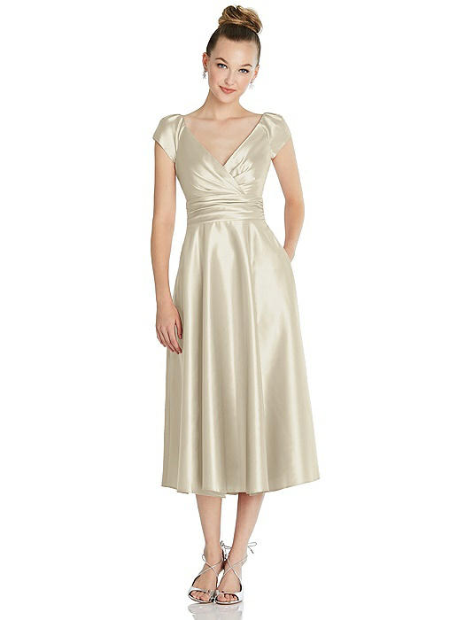 Cap Sleeve Faux Wrap Satin Midi Dress with Pockets