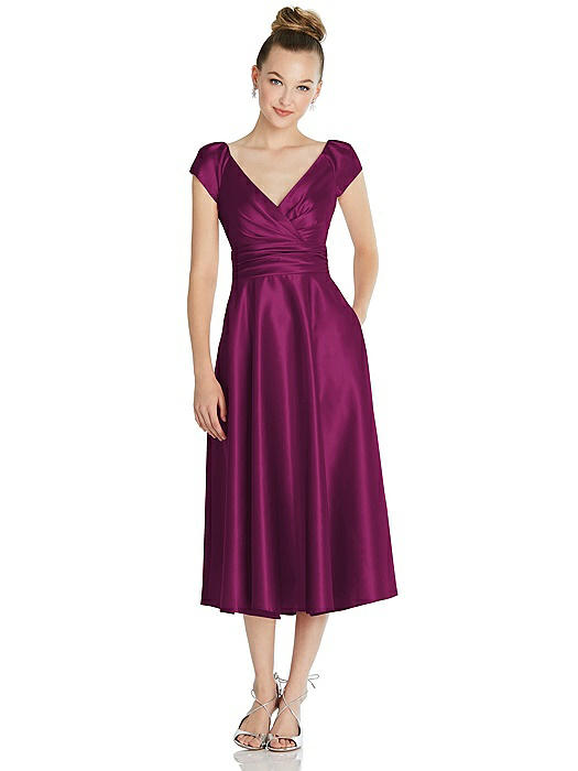 Cap Sleeve Faux Wrap Satin Midi Dress with Pockets