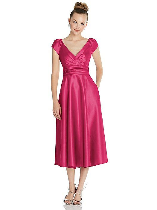 Cap Sleeve Faux Wrap Satin Midi Dress with Pockets