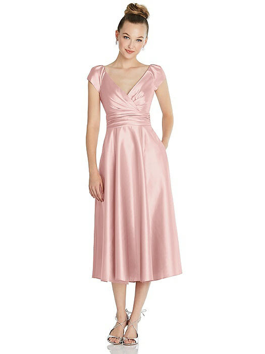 Cap Sleeve Faux Wrap Satin Midi Dress with Pockets
