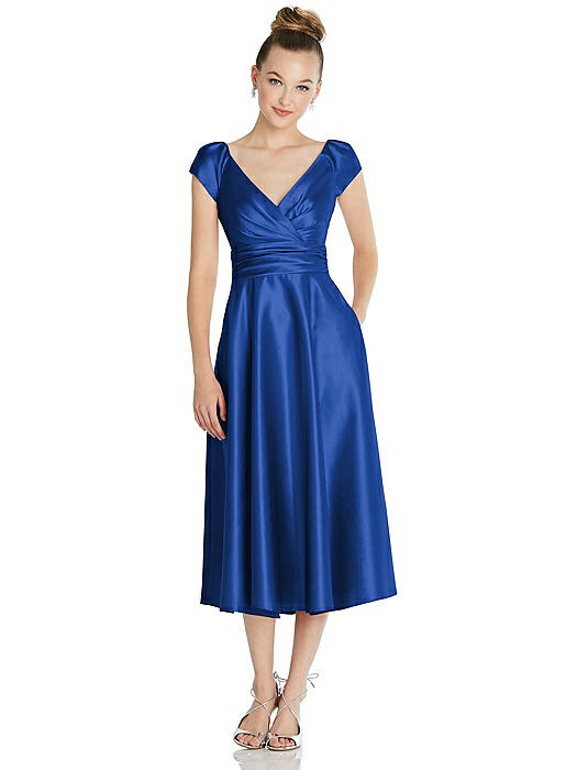 Cap Sleeve Faux Wrap Satin Midi Dress with Pockets