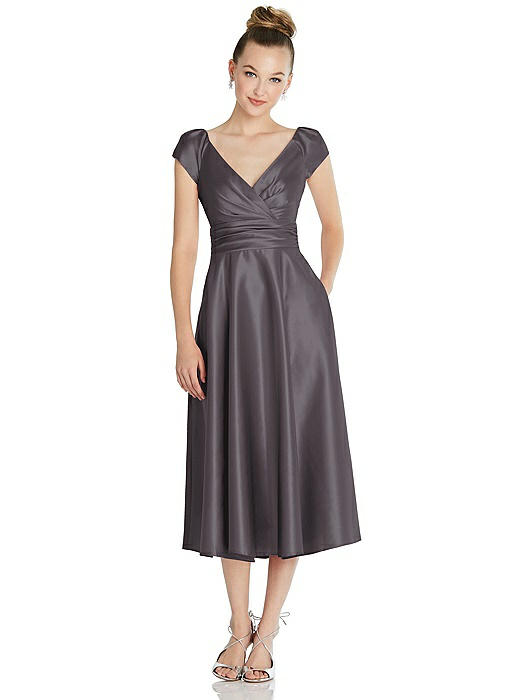 Cap Sleeve Faux Wrap Satin Midi Dress with Pockets