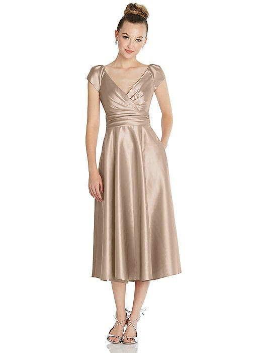 Cap Sleeve Faux Wrap Satin Midi Dress with Pockets