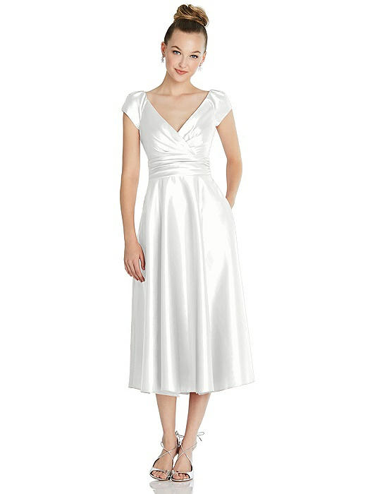 Cap Sleeve Faux Wrap Satin Midi Dress with Pockets