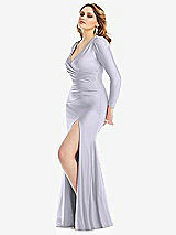 Side View Thumbnail - Silver Dove Long Sleeve Draped Wrap Stretch Satin Mermaid Dress with Slight Train