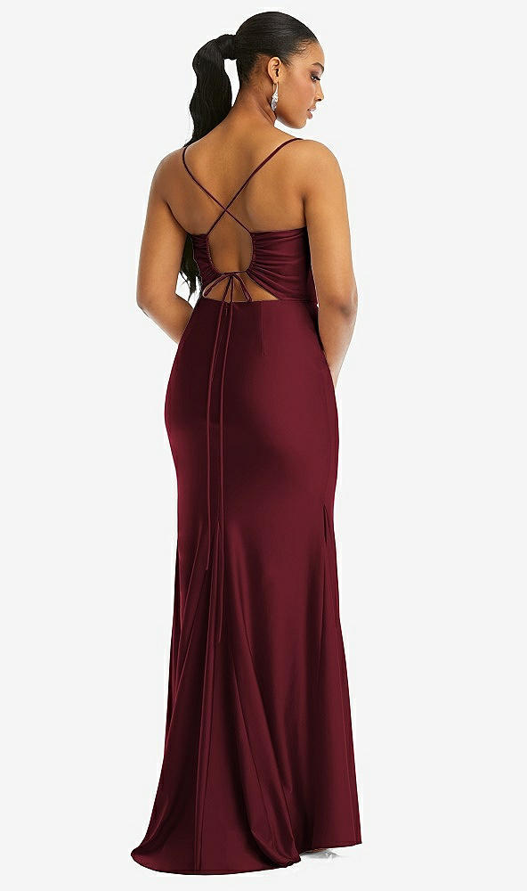 Back View - Cabernet Cowl-Neck Open Tie-Back Stretch Satin Mermaid Dress with Slight Train