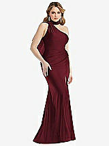 Side View Thumbnail - Cabernet Scarf Neck One-Shoulder Stretch Satin Mermaid Dress with Slight Train