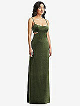Front View Thumbnail - Olive Green Spaghetti Strap Cutout Midriff Velvet Maxi Dress