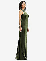 Side View Thumbnail - Olive Green One-Shoulder Velvet Trumpet Gown with Front Slit