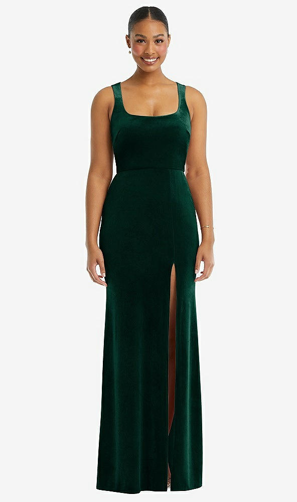 Front View - Evergreen Square Neck Closed Back Velvet Maxi Dress