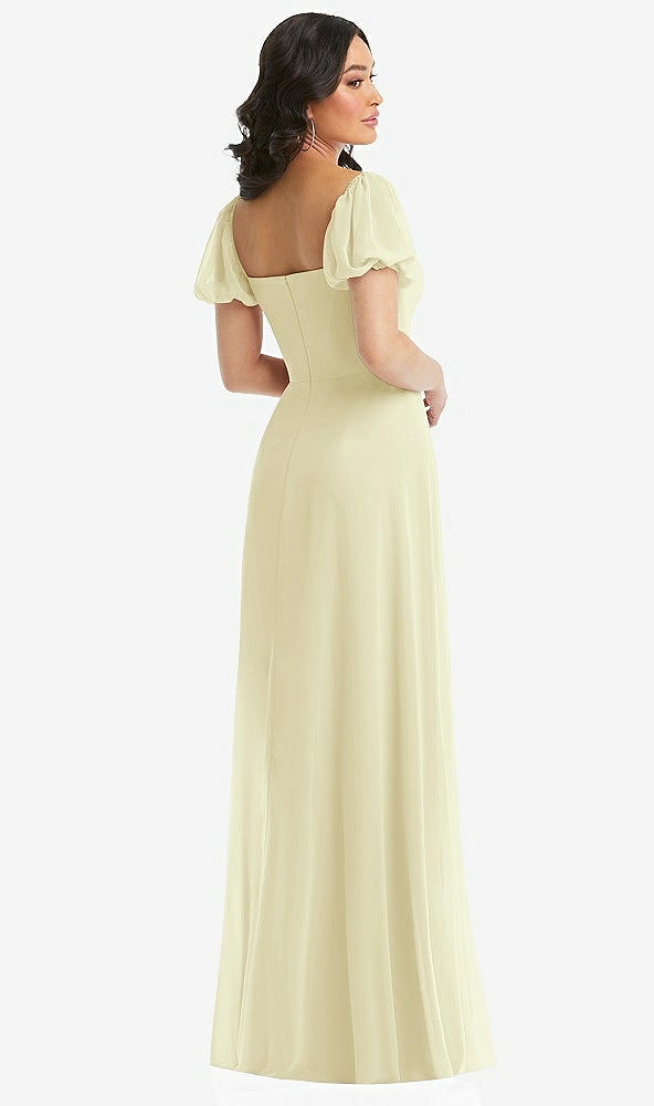 Back View - Butter Yellow Puff Sleeve Chiffon Maxi Dress with Front Slit