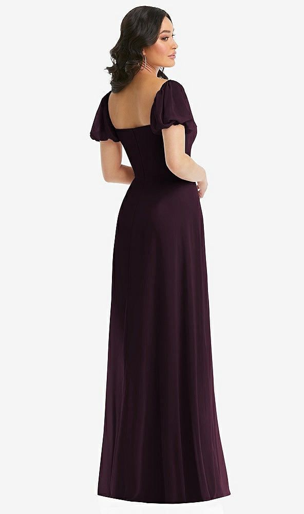 Back View - Deep Plum Puff Sleeve Chiffon Maxi Dress with Front Slit
