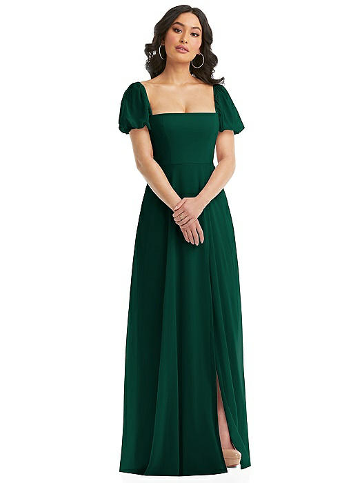 Puff Sleeve Chiffon Maxi Dress with Front Slit