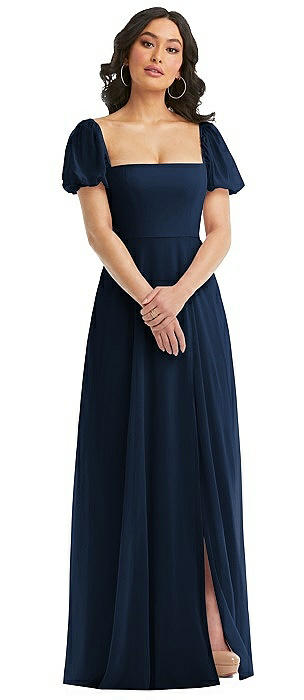 Puff Sleeve Chiffon Maxi Dress with Front Slit
