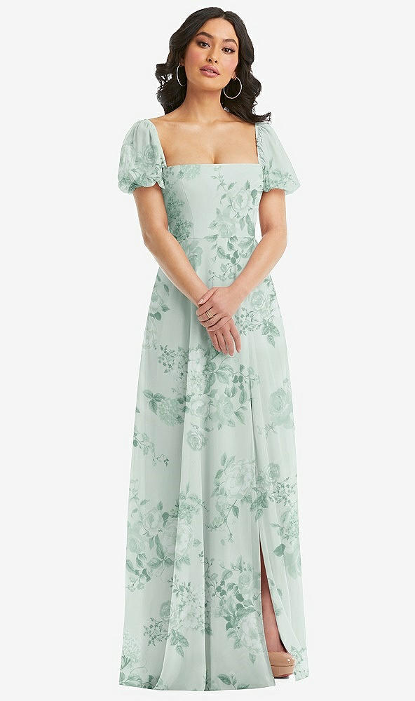 Front View - Mint Green Floral Puff Sleeve Chiffon Maxi Dress with Front Slit