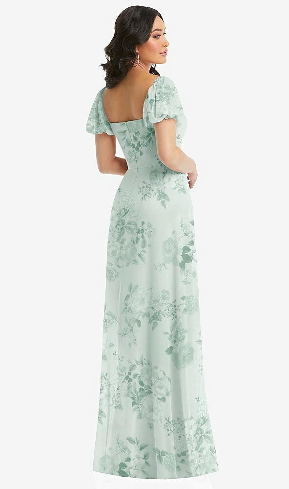 Back View - Mint Green Floral Puff Sleeve Chiffon Maxi Dress with Front Slit