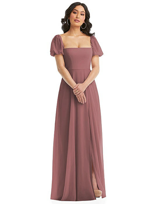 Puff Sleeve Chiffon Maxi Dress with Front Slit