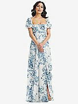 Front View Thumbnail - Cottage Rose Dusk Blue Puff Sleeve Chiffon Maxi Dress with Front Slit