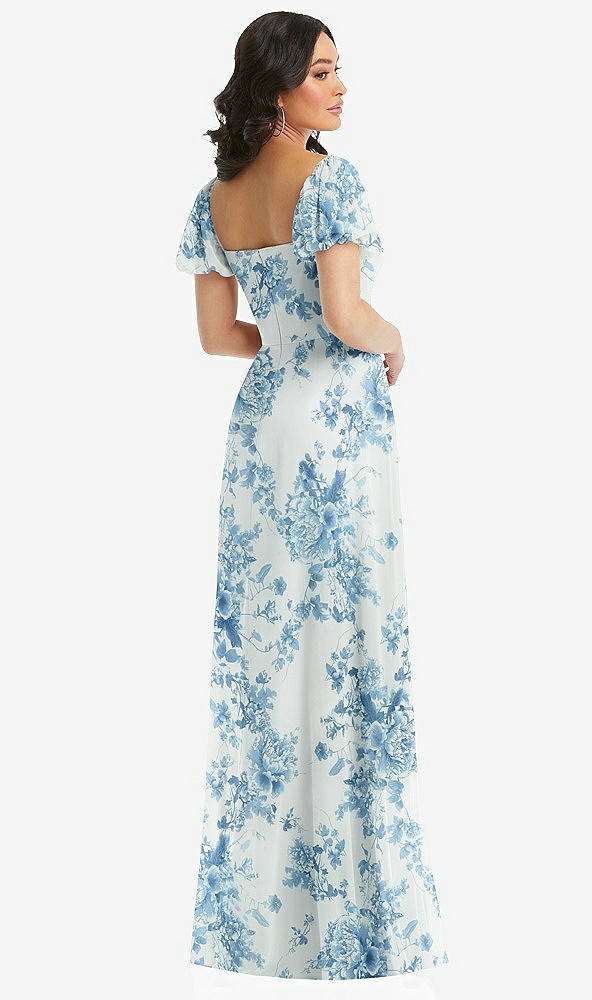 Back View - Cottage Rose Dusk Blue Puff Sleeve Chiffon Maxi Dress with Front Slit