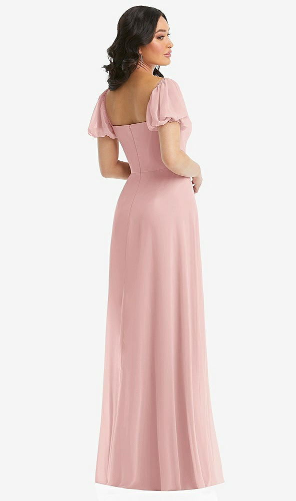 Back View - Rose Puff Sleeve Chiffon Maxi Dress with Front Slit