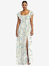Alt View 1 Thumbnail - Bleu Garden Flutter Sleeve Scoop Open-Back Chiffon Maxi Dress