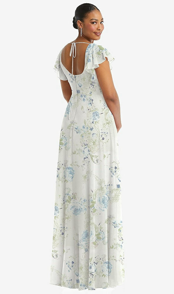 Back View - Bleu Garden Flutter Sleeve Scoop Open-Back Chiffon Maxi Dress