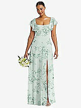 Front View Thumbnail - Mint Green Floral Flutter Sleeve Scoop Open-Back Chiffon Maxi Dress